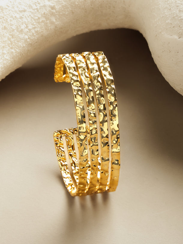 Rubans Voguish 18K Gold-Plated Stainless Steel Tarnish-Free Waterproof Hammered Cuff Bracelet