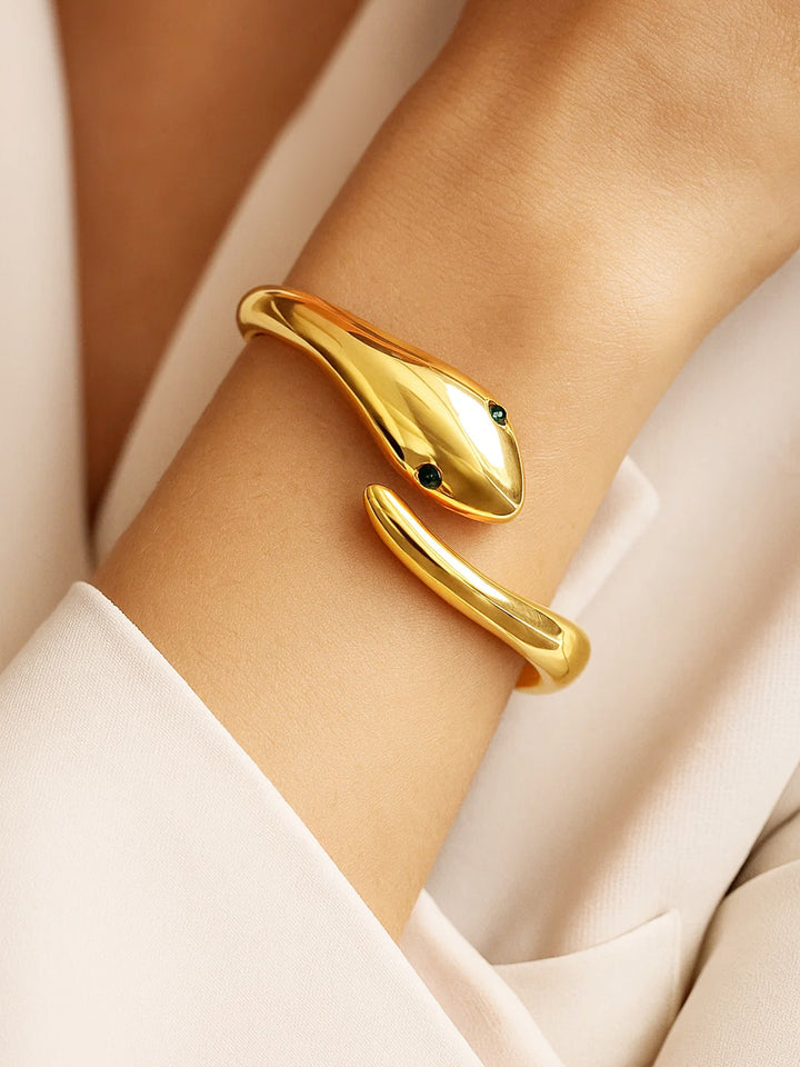 Rubans 22K Gold-Plated Snake Design Black Stone Eyes Bracelet | Bold Statement Jewelry