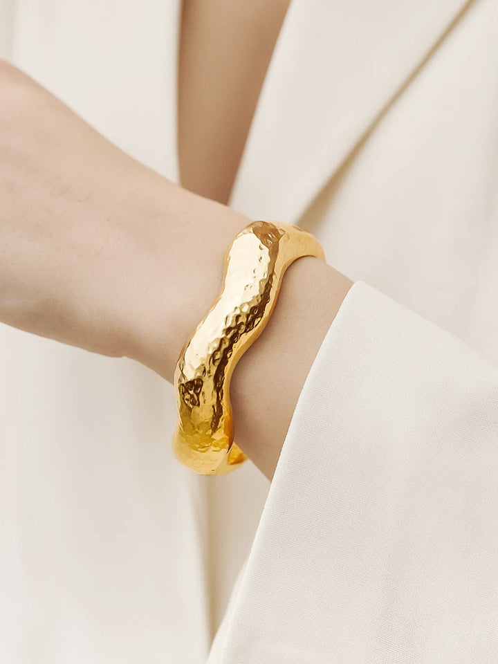 Rubans Voguish 22K Gold-Plated Brass Hammered Textured Wavy Finish Bold Statement Bracelet