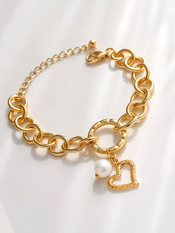 Rubans Voguish 18K Gold-Plated Stainless Steel Tarnish-Free Waterproof Heart Pearl Bracelet
