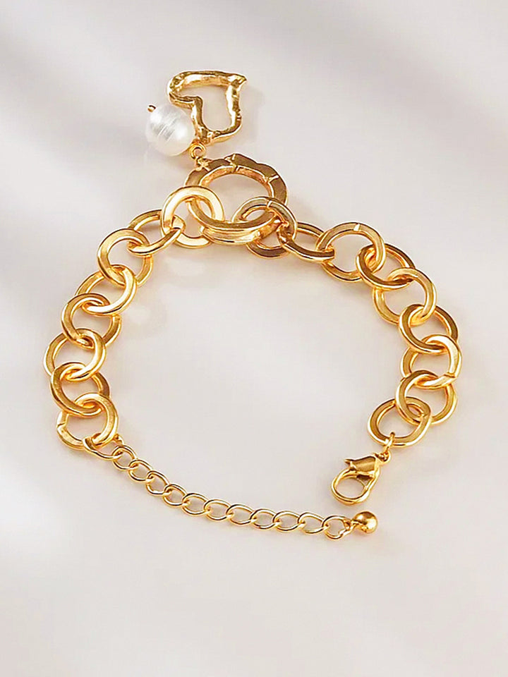Rubans Voguish 18K Gold-Plated Stainless Steel Tarnish-Free Waterproof Heart Pearl Bracelet