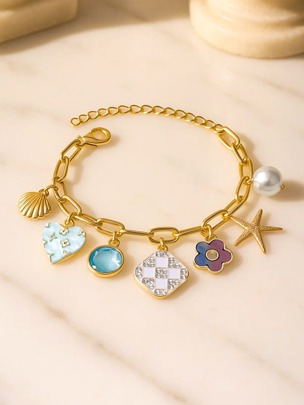 Rubans Voguish 18K Gold-Plated Stainless Steel Tarnish-Free Waterproof Multi-Charm Bracelet