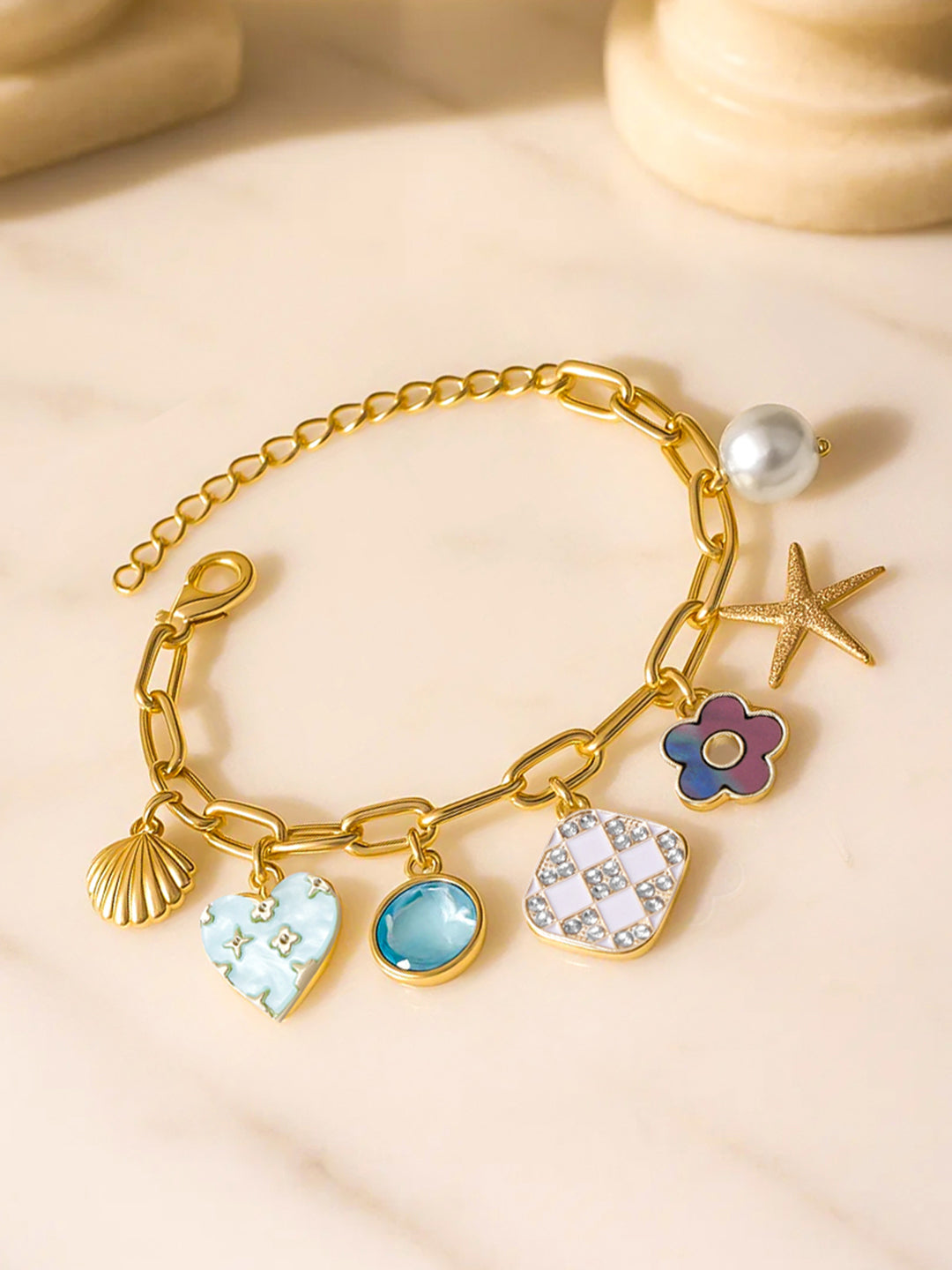 Rubans Voguish 18K Gold-Plated Stainless Steel Tarnish-Free Waterproof Multi-Charm Bracelet