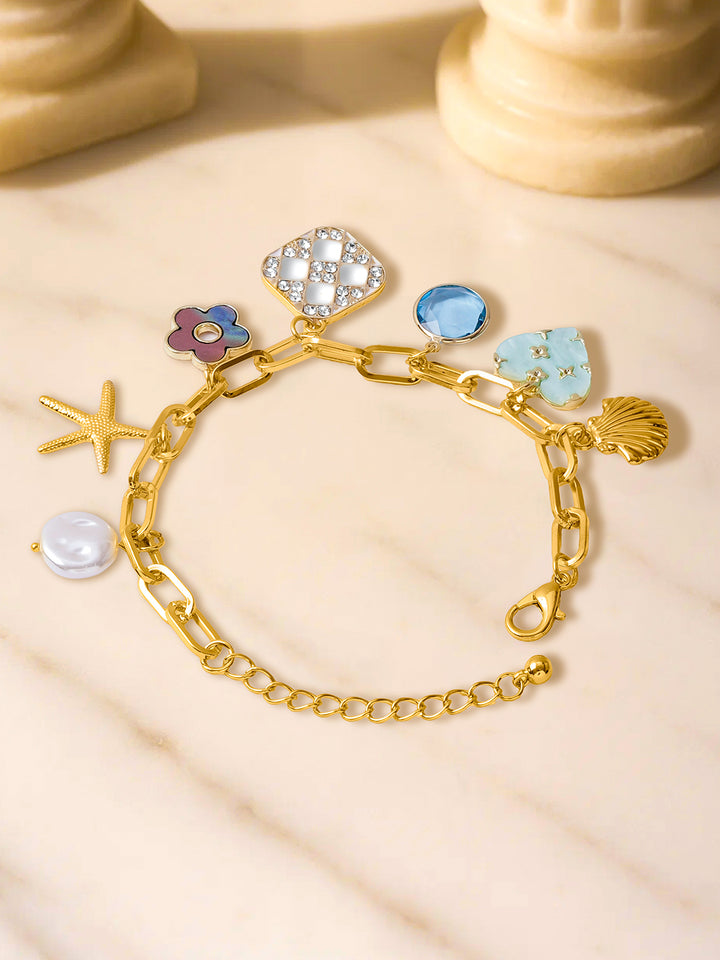 Rubans Voguish 18K Gold-Plated Stainless Steel Tarnish-Free Waterproof Multi-Charm Bracelet