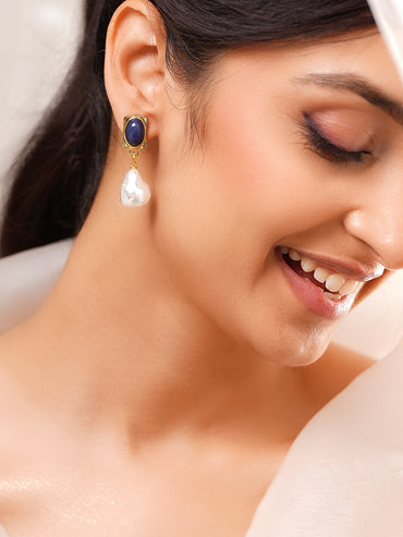 Gold Plated Baroque Pearl Midnight Navy Gold Drop Earrings