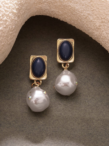 Gold Plated Baroque Pearl Midnight Navy Gold Drop Earrings