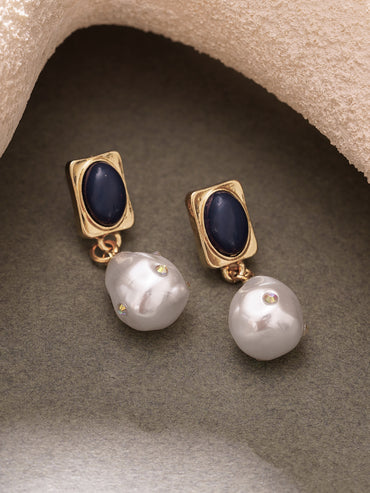 Gold Plated Baroque Pearl Midnight Navy Gold Drop Earrings
