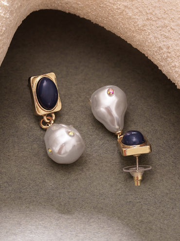 Gold Plated Baroque Pearl Midnight Navy Gold Drop Earrings