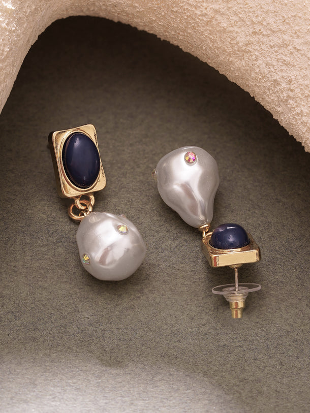 Gold Plated Baroque Pearl Midnight Navy Gold Drop Earrings