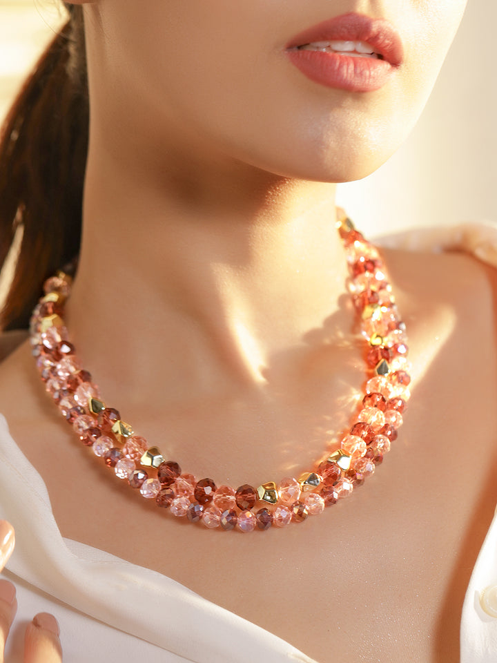 Rubans 18K Gold-Plated Brass Multi-Layered Amber, Pink & Golden Crystal Beaded Necklace