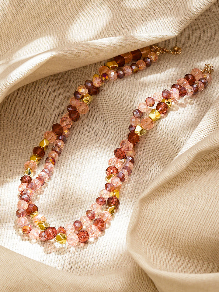 Rubans 18K Gold-Plated Brass Multi-Layered Amber, Pink & Golden Crystal Beaded Necklace