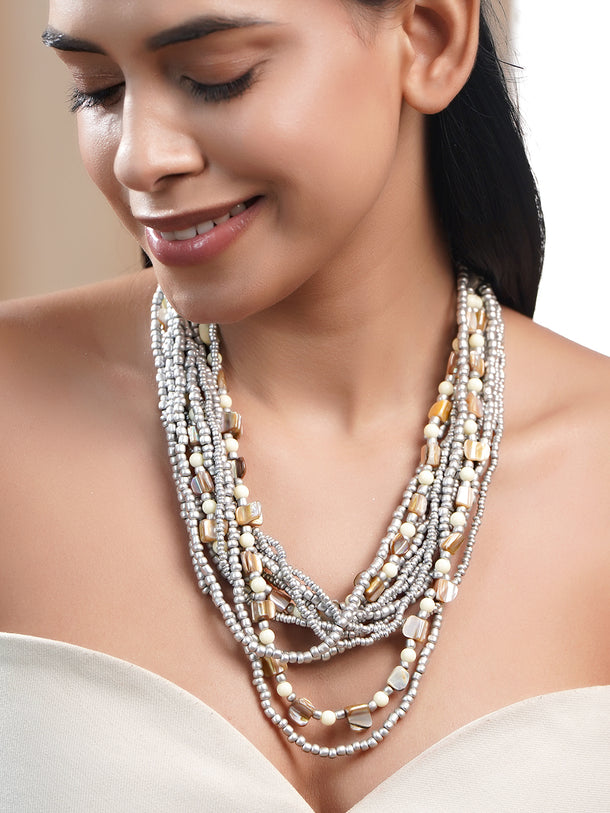 Bold Silver Beaded Multilayer Statement Necklace
