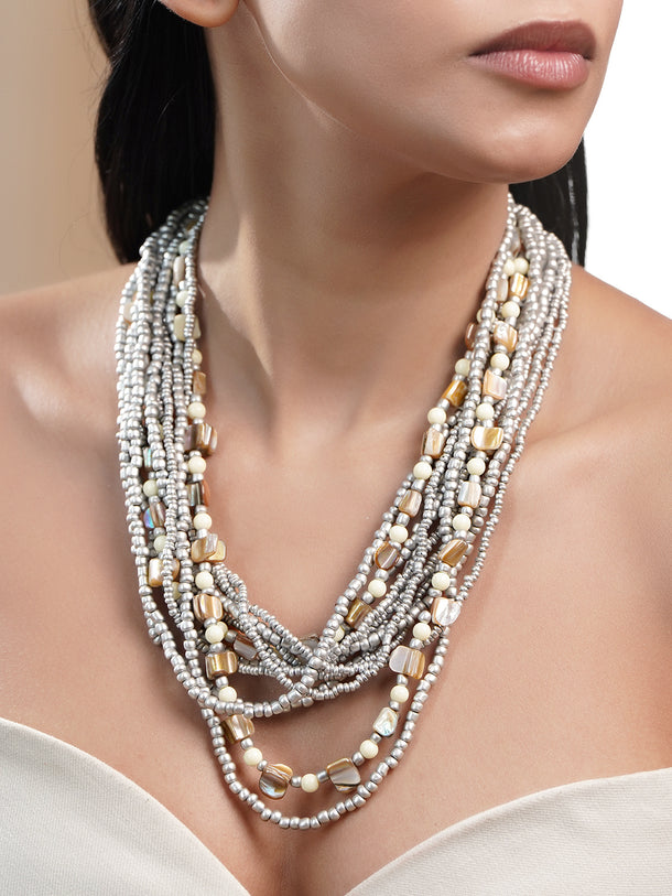 Bold Silver Beaded Multilayer Statement Necklace