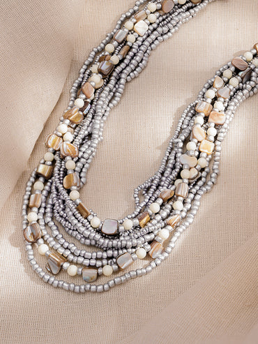 Bold Silver Beaded Multilayer Statement Necklace