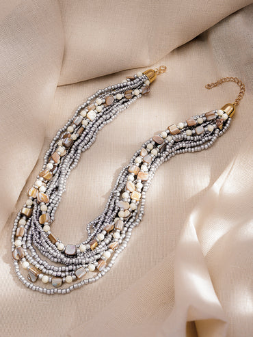 Bold Silver Beaded Multilayer Statement Necklace
