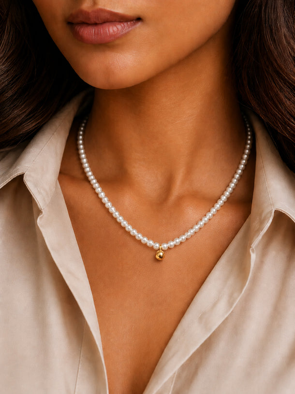 Demifine 18K Gold Plated Stainless steel Pearl Beaded Chain Necklace