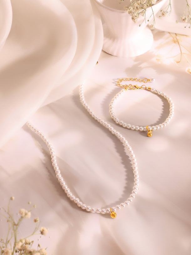 Demi Fine 18K Gold Plated Stainless Steel Pearl Beaded Chain & Bracelet Set