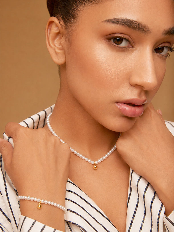 Demi Fine 18K Gold Plated Stainless Steel Pearl Beaded Chain & Bracelet Set