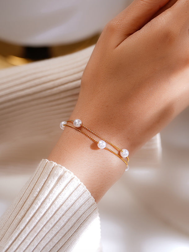 Demifine 18K Gold Plated Stainless Steel Pearl Chain Bracelet