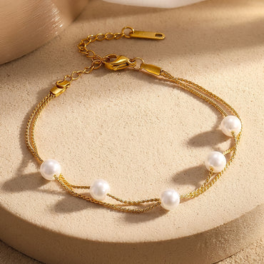 Demifine 18K Gold Plated Stainless Steel Pearl Chain Bracelet