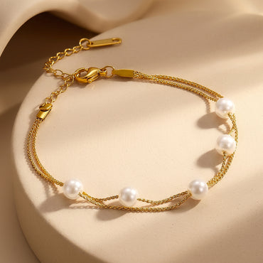 Demifine 18K Gold Plated Stainless Steel Pearl Chain Bracelet