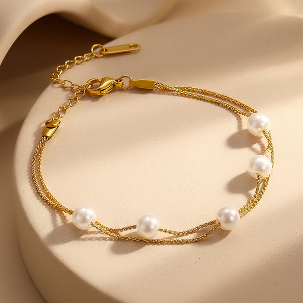 Demifine 18K Gold Plated Stainless Steel Pearl Chain Bracelet