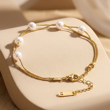 Demifine 18K Gold Plated Stainless Steel Pearl Chain Bracelet