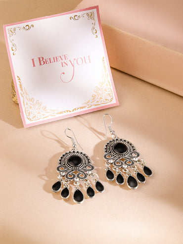 Rubans Oxidised Silver Toned Handcrafted Black Enamel Handpainted Drop Earrings