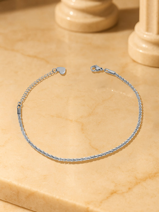 Silver Textured Chain Anklet With Heart Motif