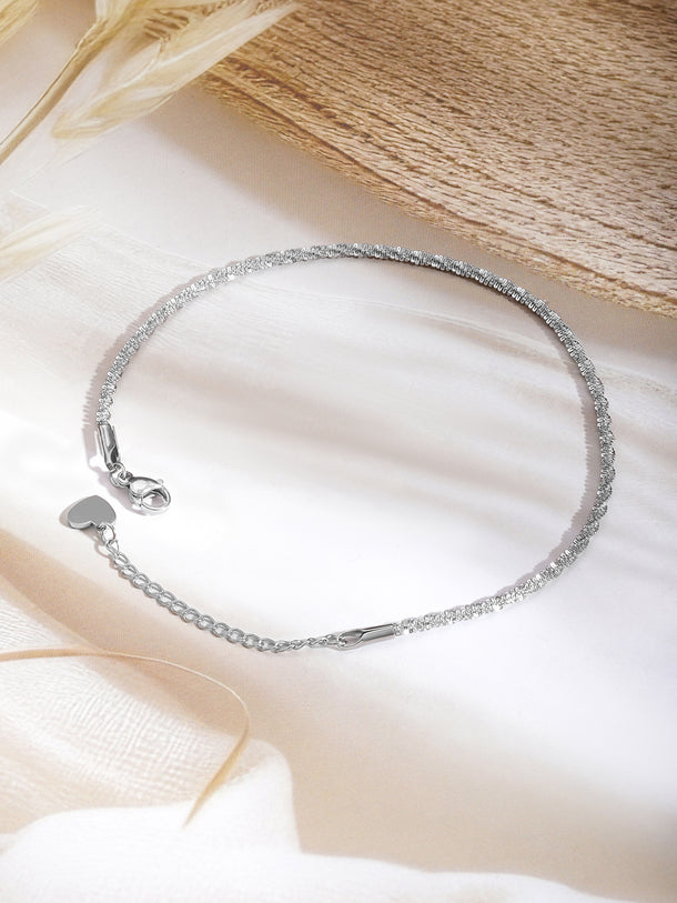 Silver Textured Chain Anklet With Heart Motif