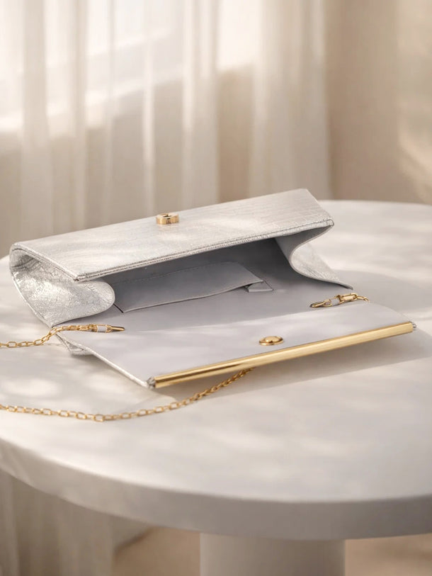 Metallic Silver Croc Chic Envelope Clutch