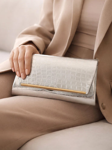Metallic Silver Croc Chic Envelope Clutch