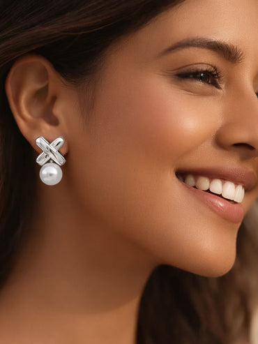 Silver Tone Pearl Earrings Set