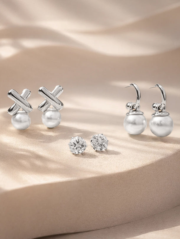 Silver Tone Pearl Earrings Set