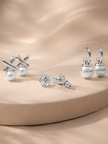Silver Tone Pearl Earrings Set