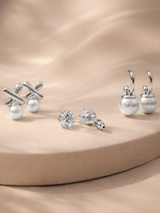Silver Tone Pearl Earrings Set