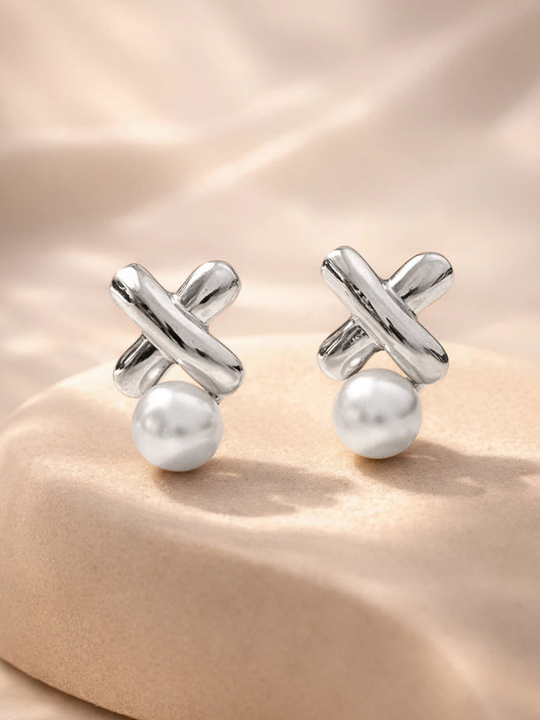 Silver Tone Pearl Earrings Set