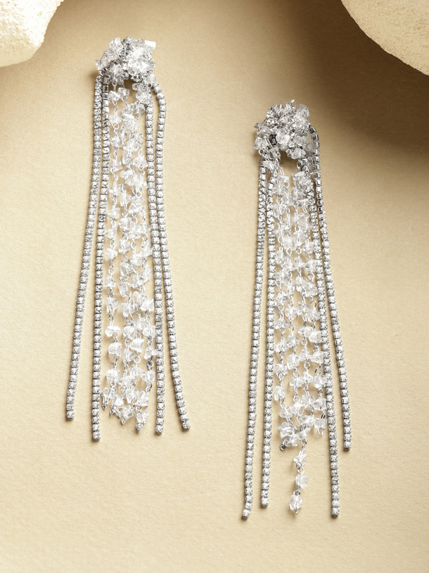 Multi-Strand White Crystal Long Tassel Dangler Earrings