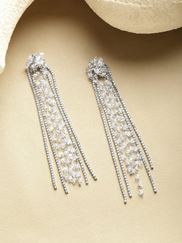 Multi-Strand White Crystal Long Tassel Dangler Earrings