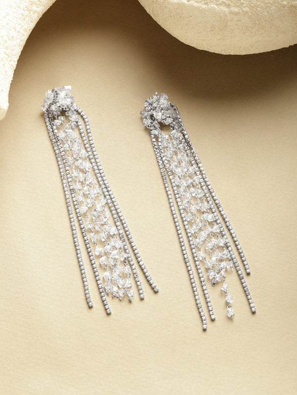 Multi-Strand White Crystal Long Tassel Dangler Earrings
