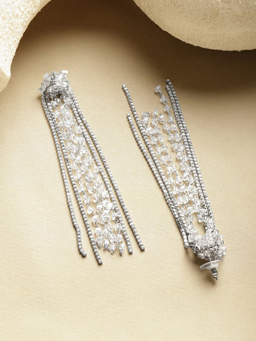 Multi-Strand White Crystal Long Tassel Dangler Earrings