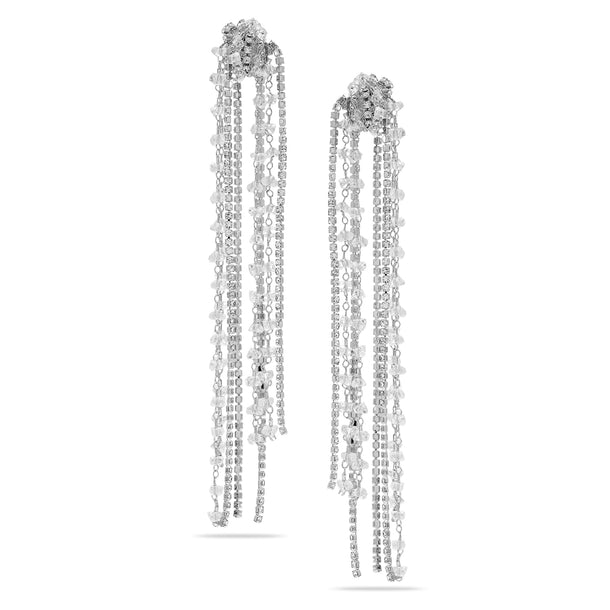 Multi-Strand White Crystal Long Tassel Dangler Earrings