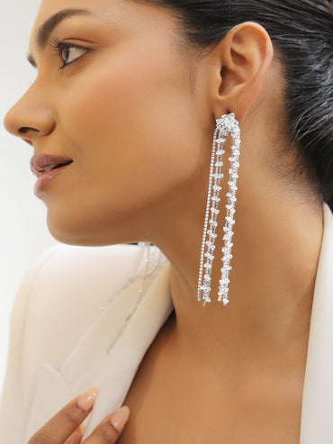 Multi-Strand White Crystal Long Tassel Dangler Earrings