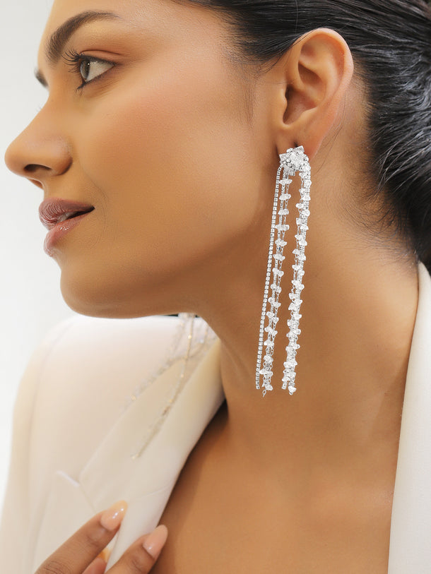 Multi-Strand White Crystal Long Tassel Dangler Earrings