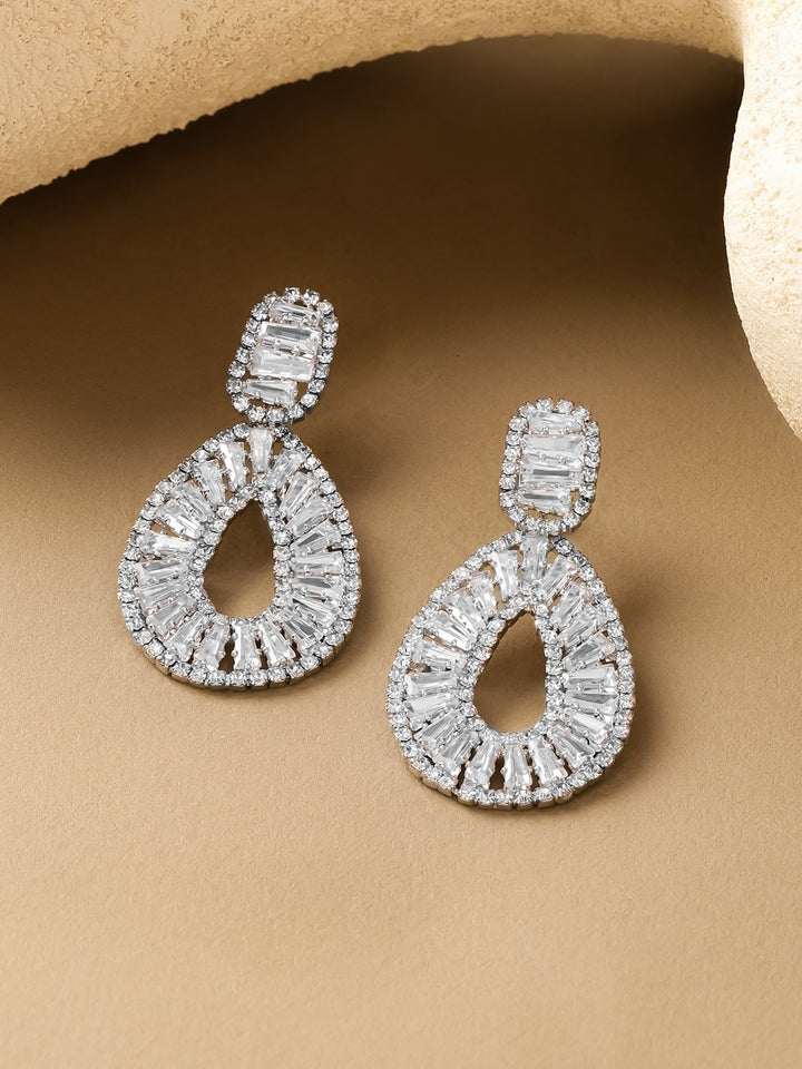 Rubans Rhodium-Plated Cubic Zirconia Studded Teardrop Shaped Drop Earrings