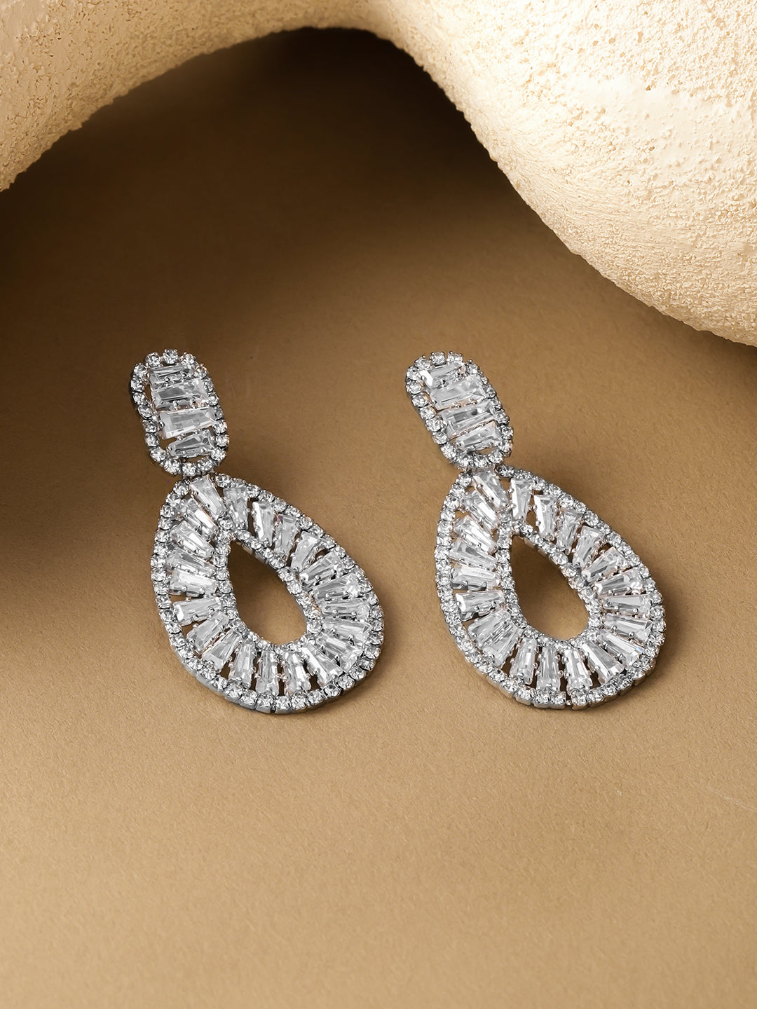 Rubans Rhodium-Plated Cubic Zirconia Studded Teardrop Shaped Drop Earrings