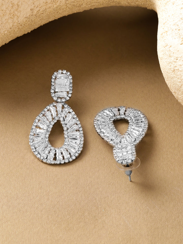 Rubans Rhodium-Plated Cubic Zirconia Studded Teardrop Shaped Drop Earrings