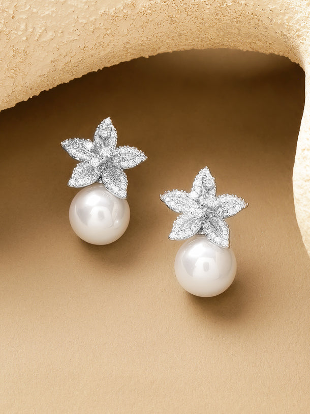 Floral Pearl Drop Stud Earrings