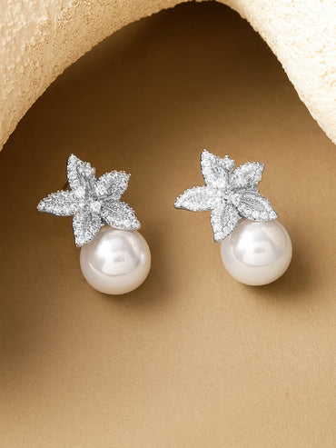 Floral Pearl Drop Stud Earrings