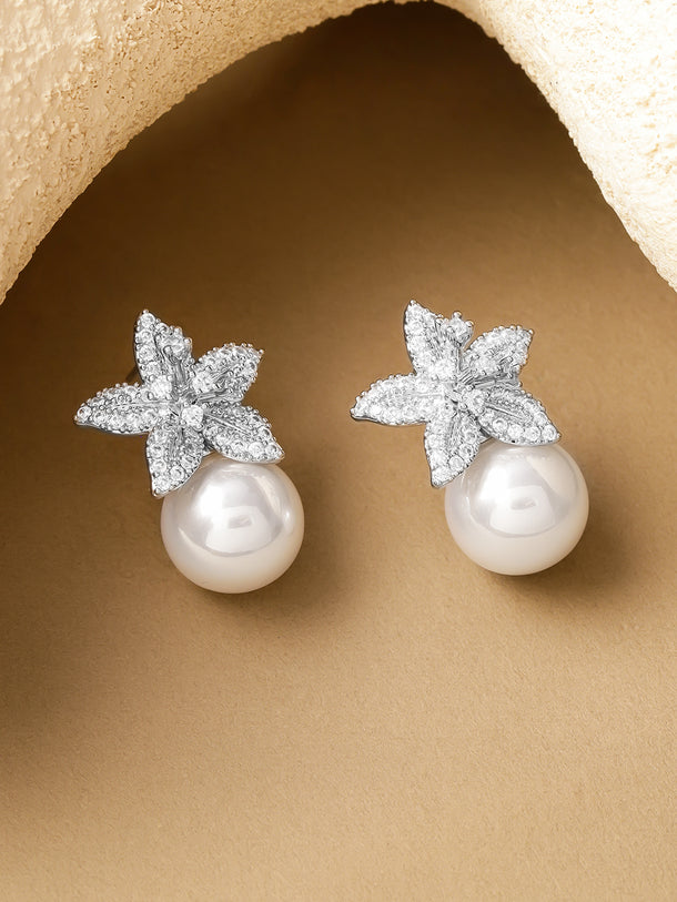 Floral Pearl Drop Stud Earrings